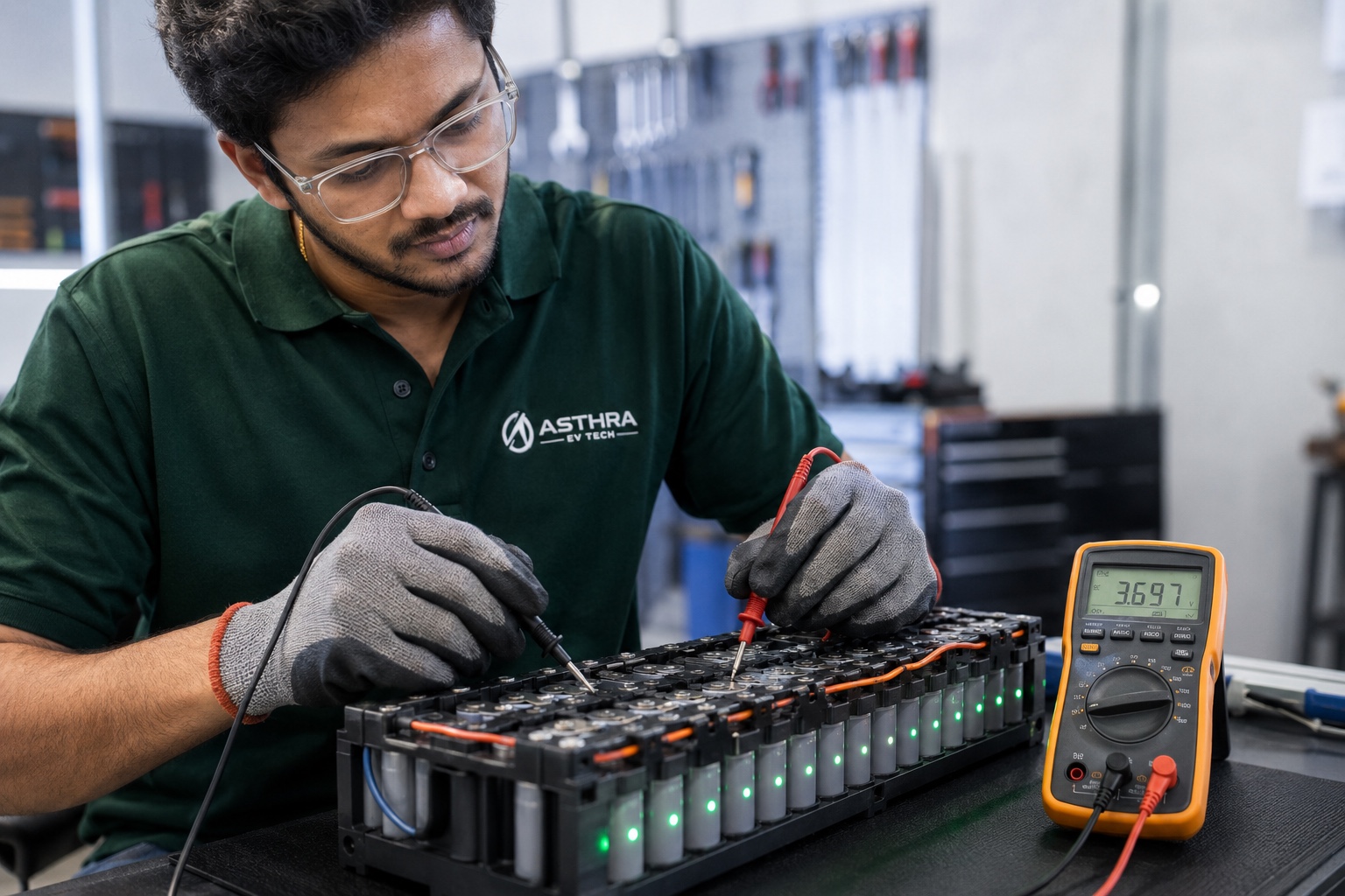 Asthra technician testing a light EV battery pack