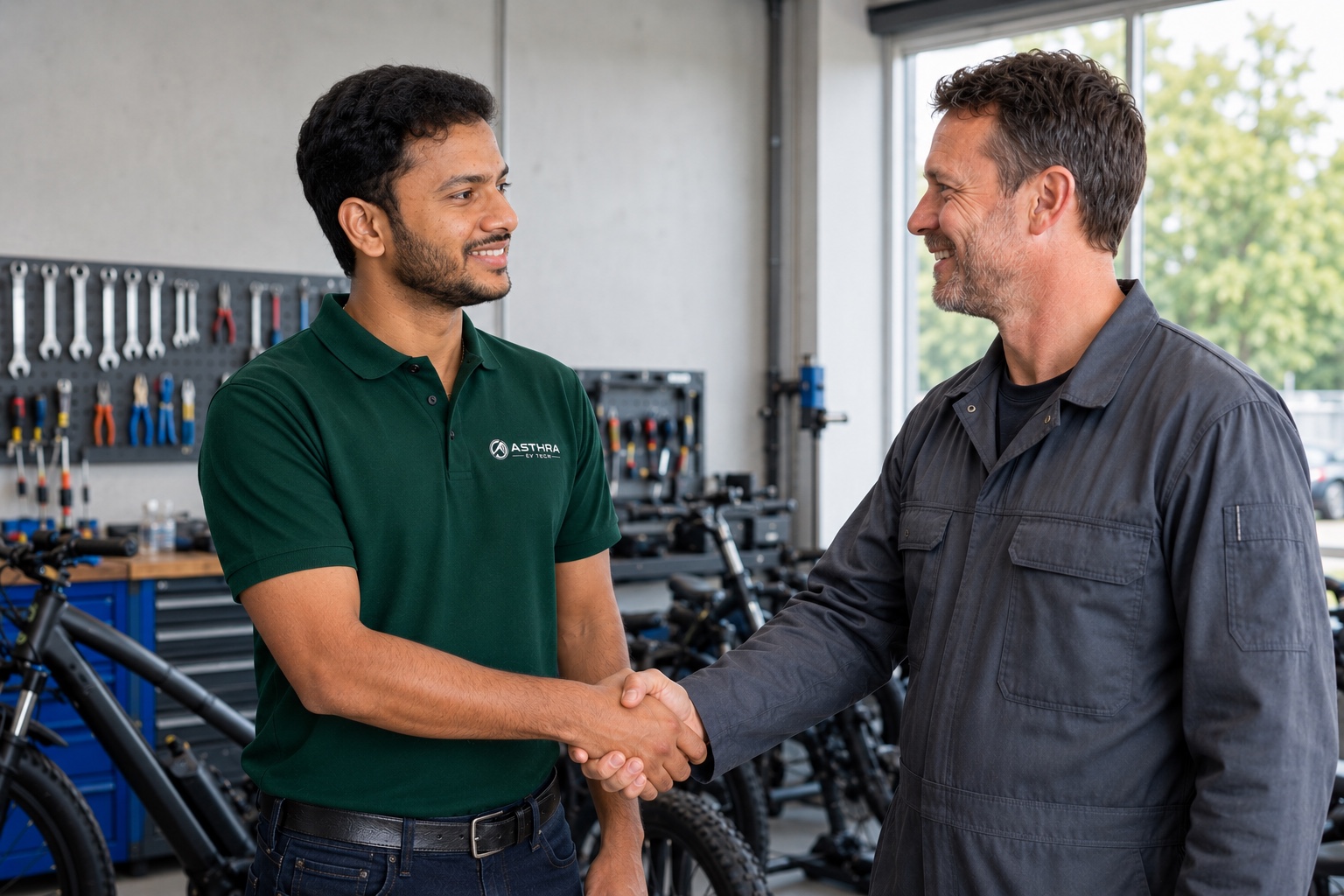 Asthra partner meeting inside an e bike repair workshop